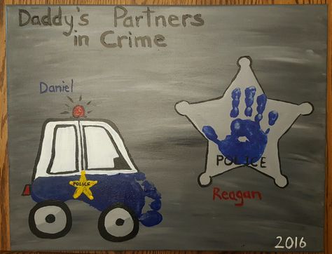 Police handprint & footprint Father's Day canvas "Daddy's Partners in Crime" Police Footprint Craft, Police Officer Crafts, Police Crafts, Community Helpers Crafts, Police Art, Diy Father's Day Crafts, Kids Canvas Painting, Kids Police, Dad Crafts