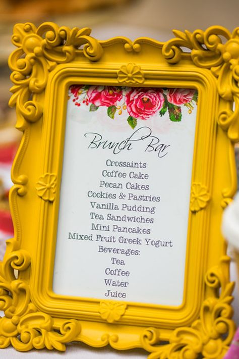 Signage + brunch bar menu from a Garden Tea Birthday Party on Kara's Party Ideas | KarasPartyIdeas.com (15) Small Brunch Menu Ideas, 25 Birthday Brunch Ideas, 25th Birthday Tea Party, Floral Brunch Decor, 25th Birthday Brunch Ideas, Princess Brunch Birthday Party, Princess Brunch, Green Wall Backdrop, Birthday Brunch Ideas