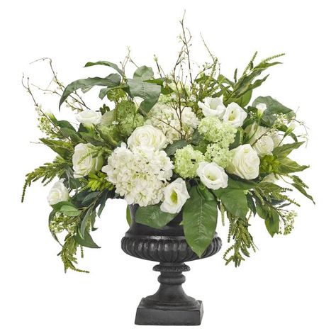 NDI-Natural Decorations, Inc.   NDI White Rose and Hydrangea Centerpiece   A new white centerpiece design from NDI featured in a classic black cast iron urn, composed of luscious white hydrangeas, crisp rose buds, delicate white lisianthus and snowball blooms, accessorized with wispy green amaranthus and schefflera foliage. Dimensions 30"w x 28"d x 32"h (Item No. WF565) #HPmkt Faux Arrangements, Alter Flowers, April Rose, Hydrangea White, Floral Wedding Inspiration, White Flower Arrangements, Altar Arrangement, Greenery Centerpiece, Hydrangea Centerpiece