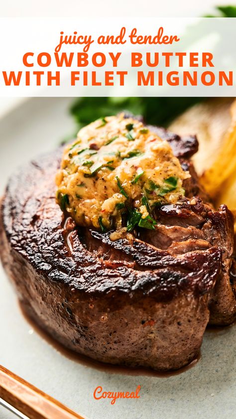 This flavorful cowboy butter with filet mignon is a taste of frontier luxury. These tender, juicy filets deliver a significant flavor payoff with little effort. Top Sirloin Filet Recipes, Steak Fillet Recipes, Sauces For Filet Mignon, Fillet Recipes Beef, Marinade For Filet Mignon Steaks, Petite Tender Beef Filet Recipes, Filet Mignon Cast Iron Skillet, Filet Mignon Sides, Filet Mignon Recipes Pan Seared