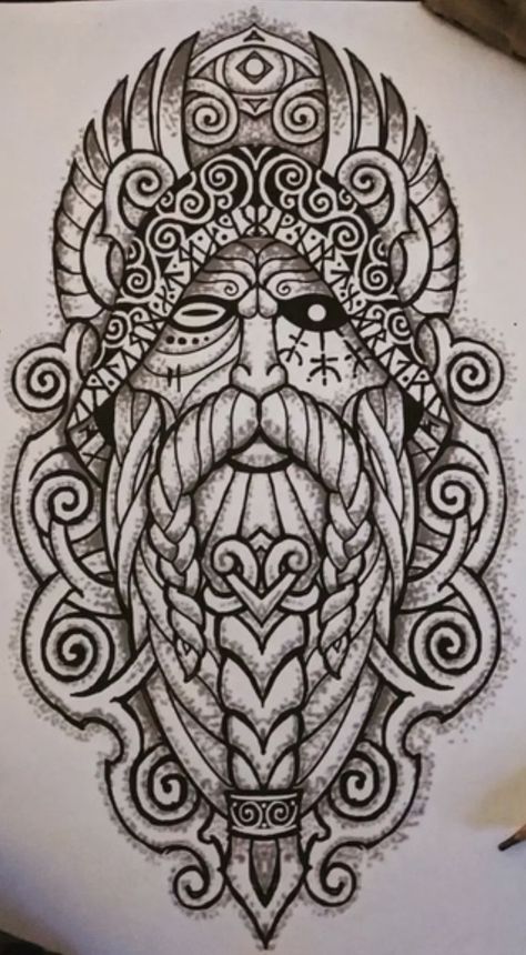 Viking Mythology Tattoos, Gjallarhorn Tattoo, Nordic Head Tattoo, Viking Tattoo Leg, Viking Forearm Tattoo Men, Nordic Art Vikings, Norse Mythology Drawing, Odin Drawing, Knotwork Viking