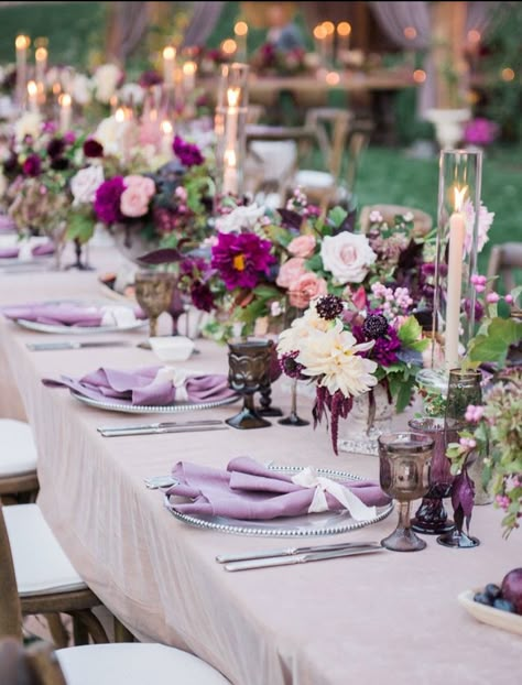 Purple Centerpieces, Purple Wedding Inspiration, Purple Table, Lilac Wedding, Wedding Floral Centerpieces, Long Table, Lavender Wedding, Wedding Table Settings, Wedding Tablescapes