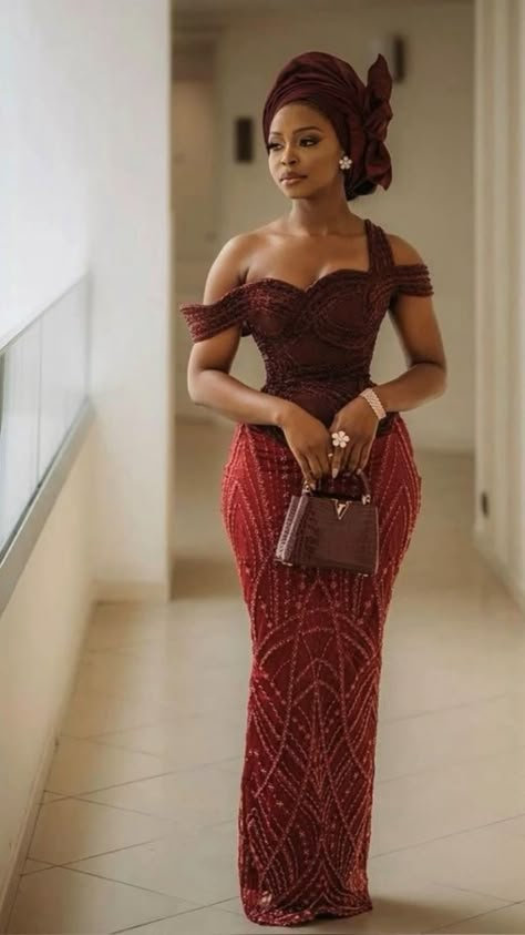 Owambe Styles For Ladies, Asi Ebi Styles, African Dress Wedding Guest, Tubobereni Styles, Ask Ebi Lace Styles, Burgundy Asoebi Lace Styles, Owambe Lace Styles 2024, Lace Fitting Dress Styles, Nigerian Wedding Guest Dress