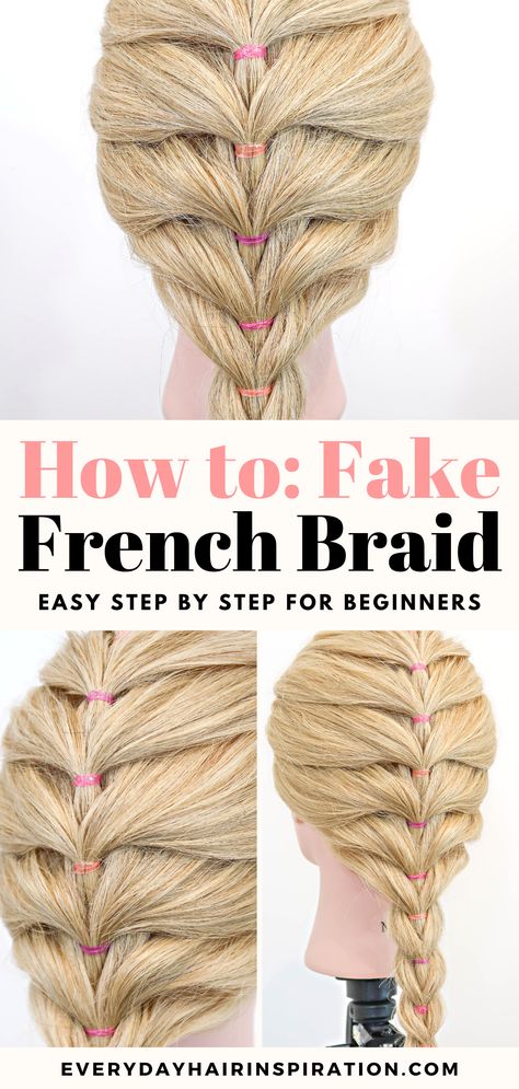 How to fake a french braid step by step Easy Braids For Short Hair Step By Step, Hair Braids Tutorials Easy, Easy Fake Braid Hairstyles, Reverse French Braid, How To Fake French Braid, Easy Fake French Braid, How To Add Fake Hair To French Braids, Easy Faux Braid Hairstyles, Fake Braid Hairstyles Hair Tutorials