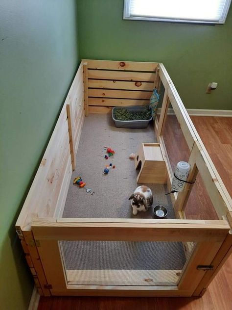 Rabbit Boarding Ideas, Diy Bunny House Indoor Rabbit, Rabbit Dig Box Ideas Diy, Bunny Ideas Diy, Inside Rabbit Cage Ideas, Homemade Bunny Cage, Diy Bunny Hideout, Bunny House Indoor Diy, Indoor Rabbit Cage Ideas