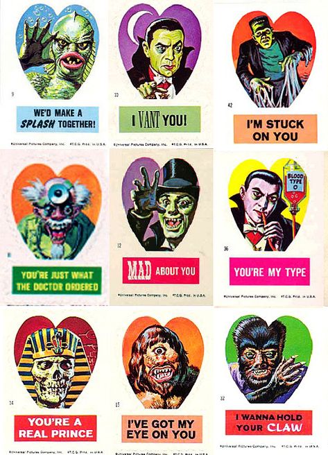 Universal Horror Valentine stickers by Norman Saunders, 1966. Don’t judge me because I’m old enough to have received them. Monster Valentines, Arte Punk, Valentine Stickers, Horror Monsters, Retro Horror, My Funny Valentine, Universal Monsters, Classic Monsters, Arte Inspo