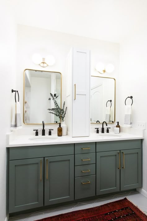 Makeover Kamar Mandi, Green Bathroom Vanity, Green Vanity, Pretty Bathrooms, Transitional Bathroom, Boys Bathroom, Upstairs Bathrooms, Green Bathroom, Bathroom Renos