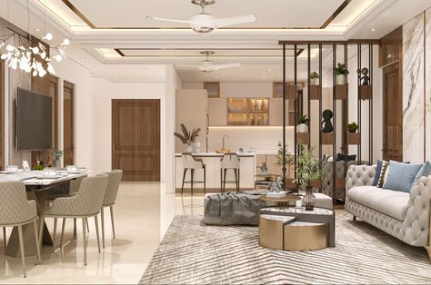 Call us on 9818460901 for 3d services Beige Theme Living Room, Living Dining Design, Beige Theme, Dining Design, Bedroom Decor Inspiration, Living Room Partition, Living Room Partition Design, Room Partition Designs, Partition Design