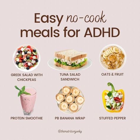 ADHD Nutritionist Dietitian on Instagram: "Follow @thenutritionjunky for more on ADHD nutrition ✨ Easy no-cook meals for ADHD 🌱 🥗 Greek salad with chickpeas 🥪 Tuna salad sandwich 🥣 Oats & fruit 🥤 Protein smoothie 🌯 PB banana wrap 🫑 Stuffed pepper Save this for future inspo! 💗 #adhd #adhdnutrition #adhdtips #adhdmom #adhddiet #adultadhd #adhdexplained #adhdsupport #adhdawareness #adhdbrain #foodfreedom #nocooking" Easy Meals No Cooking, No Cook Protein Meals, No Prep Snacks, No Cook Healthy Meals, Executive Dysfunction Meals, No Cooking Meals, Healthy No Cook Meals, Nutritionist Meals, Dietitian Meals