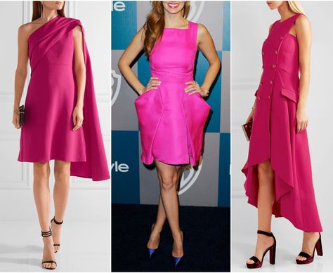 Have a hot pink, fuchsia or magenta dress? Learn what are the best color shoes to wear with a hot pink dress from shoe-tease.com Fusha Cocktail Dress, Fuchsia And Black Outfit, Fushia Dress Outfit Party, Hot Pink Dress Styling, Pink Cocktail Dress Outfit, Shoes With Pink Dress What Color, Shoes For Magenta Dress, Shoes For Hot Pink Dress, Fushia Dress Outfit Wedding