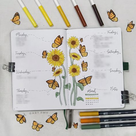 Sunflower Journal Page, Bujo Sun Theme, Bujo Sunflower Theme, Sunflower Bullet Journal Theme, Sunflower Journal Ideas, Bullet Journal August Theme, Bujo Flower Theme, Sunflower Bujo, Sunflower Doodles