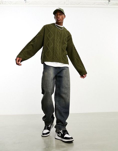 ASOS DESIGN wool combine heavyweight knitted cable jumper in khaki-Inexperienced- #ASOS #Cable #Design #heavyweight #Jumper #khakiGreen #Knitted #Mix #Wool Check more at https://howcandothis.com/manstyle/asos-design-wool-combine-heavyweight-knitted-cable-jumper-in-khaki-inexperienced-2/ Mens Crew Neck Sweater Outfit, Men Autumn Outfit Casual, American Outfit Men, Relaxed Fit Outfit Men, Green Pullover Outfit, Knitted Sweaters Outfit Men, Green Sweater Outfit Men, Men Sweater Outfit, Mens Fashion Green