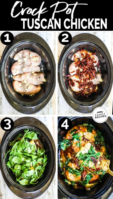 This Crockpot Tuscan Chicken is the absolute best slow cooke recipe for a busy night. This crock pot recipe only has a few ingredients and is packed with flavor! Tender chicken breast, garlic, sun dried tomatoes, and artichokes cook together for the most delicious and healthy crockpot dinner! Serve the slow cooker Tuscan Chicken with pasta, vegetables, or mashed potatoes for a filling and delicious easy weeknight dinner idea! Crock Pot Healthy Chicken Recipes, Chicken Vegetable Crockpot Recipes, Simple Chicken Crockpot Meals, Crock Pot Healthy Recipes, Tuscan Chicken Crockpot, Healthy Chicken Crockpot, Tuscany Chicken, Chicken Breast Crockpot, Crockpot Tuscan Chicken