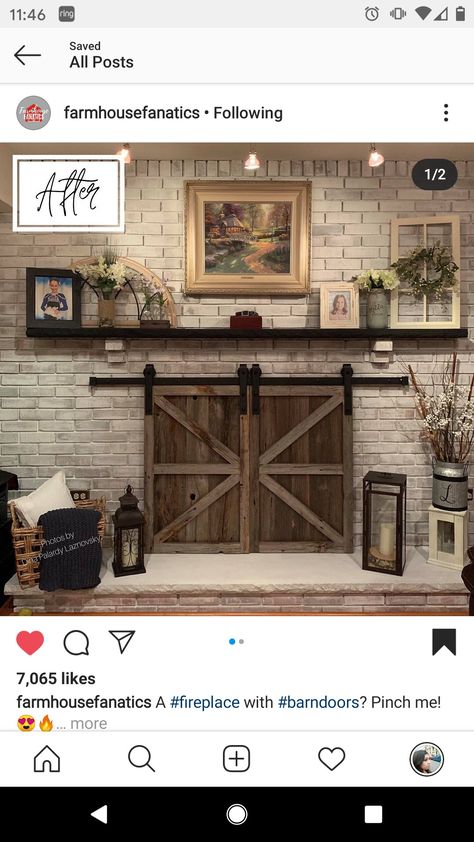 Barn Doors Fireplace Cover, Fireplace Barn Doors Ideas, Barn Door Fireplace Cover, Fireplace Barn Doors, Farmhouse Fireplace Ideas Rustic, Barn Door Fireplace, Farmhouse Fireplace Screens, Brick Fireplace Remodel, Farmhouse Fireplace Ideas