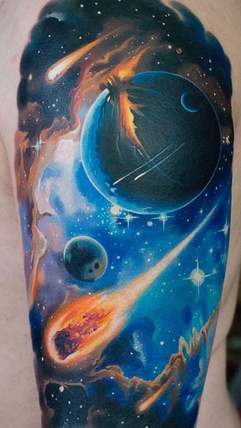 Outer Space Tattoo Ideas, Outer Space Tattoo, Galaxy Tattoo Design, Outer Bicep Tattoos, Galaxy Tattoo Sleeve, Space Tattoo Sleeve, Outer Space Tattoos, Ocean Sleeve Tattoos, Arm Wrap Tattoo