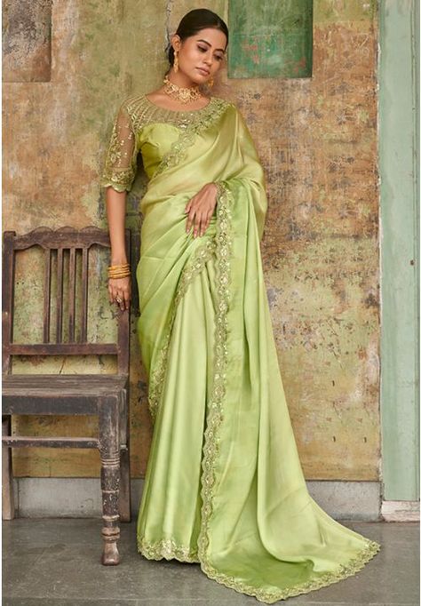 Green Satin Saree, Bollywood Sarees Online, Gorgeous Saree, Party Sarees, Party Wear Saree, Satin Saree, Green Saree, Trendy Sarees, Pistachio Green