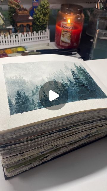 Sandy Allnock | Artist & Online Instructor on Instagram: "Will you try it? A few more details: I used @danielsmithartistsmaterials Lunar Blue with a little Cascade green in the foreground trees. Small brushes are @davinci_artistbrushes_official round 4 and 2 with a Mottler for the flat brush. Sketchbook is handmade by @lakemichiganbookpress and is NEARLY FULL! Maybe I'll order a new one so it has time to get here when I finish this book❤️" Tube Colour Paintings, Watercolor Winter Scenes, Small Watercolor Paintings, Cascade Green, February Art, Paint Tutorials, Sandy Allnock, Basic Watercolor, Tree Watercolor Painting