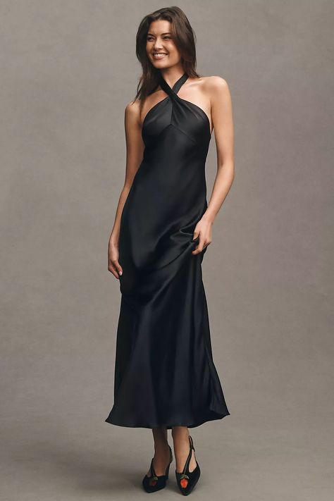 BHLDN Selma Halter-Neck Satin Maxi Dress | Anthropologie Black Bridesmaid Dress Summer, Black Tie Wedding Guest Dress Spring, Black Tie Optional Wedding Guest Dress, Black Gala Dress, Black Satin Bridesmaid Dress, Formal Dress Midi, High Neck Dress Formal, Formal Maxi Dresses, Black Halter Neck Dress