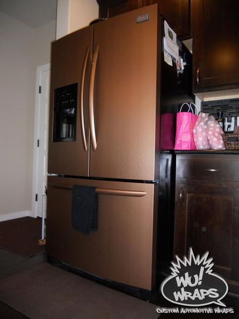 Fridge, stove, mircowave, dishwasher wrapped in 3M DI-NOC ME380 Brushed copper… Copper Kitchen Appliances, Copper Appliances, Best Kitchen Appliances, Appliances Storage, Brushed Copper, Best Kitchen Designs, Kitchen Refrigerator, Copper Kitchen, Kitchen On A Budget