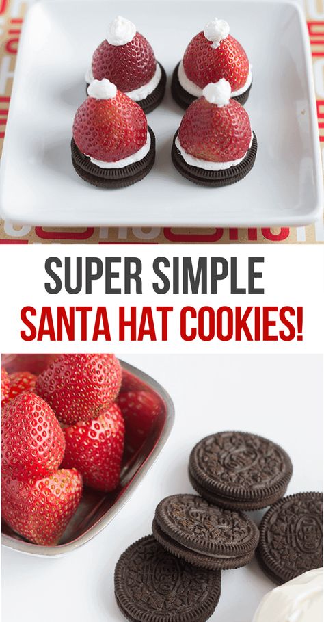 Easy OREO Santa Hat Cookies- Christmas Desserts | SoFestive.com Oreo Santa, Santa Hat Cookies, Strawberry Santa Hats, Christmas Diy Food, Christmas Cookie Exchange Recipes, Strawberry Santas, Christmas Strawberry, Oreo Cookie Recipes, Cookie Exchange Recipes