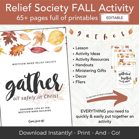 "This Relief Society Activity is all done for you, ready to edit, adapt print and go! I have spent well over 50 hours planning and preparing each activity to hopefully make some lives easier and make things less stressful for fellow activity planners so they can focus on the FUN and CONNECTION.  BUY MORE, SAVE MORE!  20% off 3+ items - Code: TWENTY 30% off 5+ items - Code: THIRTY 40% off 10+ items - Code: FORTY Attached is a PDF that will have a print to access your file. If you don't already ha Relief Society Handouts, Lds Relief Society Activities, Lds Relief Society, About Me Template, Lds Printables, Fall Activity, Relief Society Activities, Homeschool Classroom, Preschool Printable