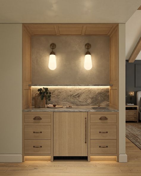 Can’t wait to bring this image to life - a Primary Suite wet bar with function, class, and all the character… Design by @thedendesigngroup #thedendesign #northcarolinahome #luxurydesign #wetbardesign #renderingsforinteriordesign #wetbargoals Dry Bar Niche, Wet Bar Bedroom, Coffee Bar Ideas With Storage, Mid Century Modern Dry Bar, Built In Wet Bar Kitchen, Wet Bar In Bedroom, Primary Suite Coffee Bar, Wetbar Remodel Living Room, Bedroom Wet Bar Master