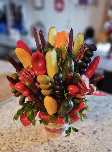 ALDI Aisle of Shame Community | I made my husband a pickle bouquet for Valentine's Day | Facebook Pickle Bouquet, Mini Peppers, Stuffed Mini Peppers, Smoked Sausage, Charcuterie Board, My Husband, Peppers, Pickles, Tomatoes