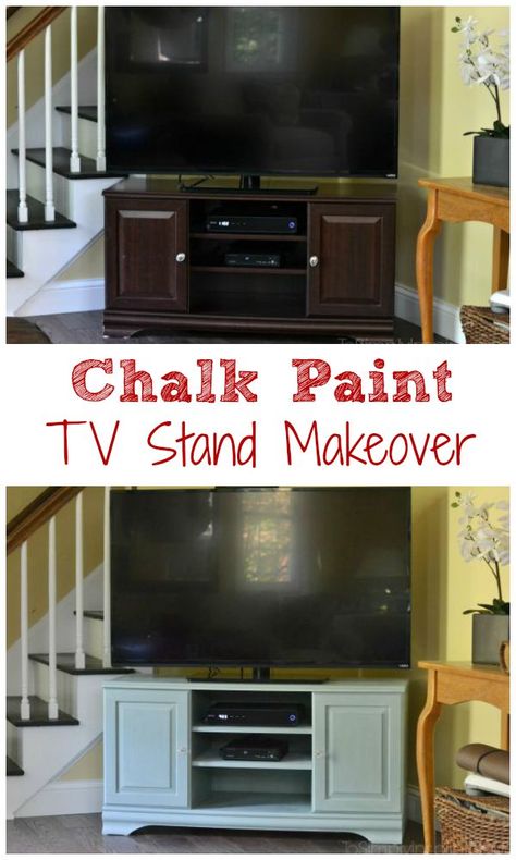 Chalk Paint TV Stand Makeover -  No Prepping, No Sanding, No Priming  | http://www.ToSimplyInspire.com Diy Paint Tv Stand, Redo Tv Stand, Tv Stand Paint Ideas, Painting Tv Stand Ideas, Chalk Paint Tv Stand, Paint Tv Stand, Sanding Table, Painted Tv Stand, Tv Stand Room Divider