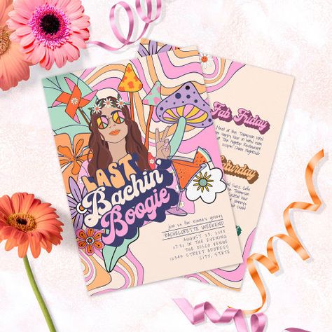 Groovy 70s Bachelorette Weekend ID929 Invitation for $3.08 - Bachelorette Invitations Disco Cowgirl Bachelorette Party, 70s Bachelorette, Bachelorette Card, Boho Bachelorette Party, Groovy Bachelorette, Disco Cowgirl Bachelorette, Boho Bachelorette, Bold Wedding Invitations, Cowgirl Bachelorette Party