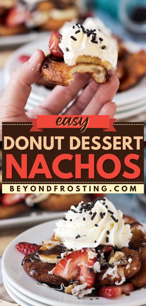 Donut Dessert Nachos, football party food, easy game day snacks, dessert ideas, homegating, tailgating Desert Nachos, Easy Game Day Snacks, Dessert Nachos Recipe, Easy Homemade Snacks, Walnut Whip, Dessert Nachos, Bacon Donut, Easy Donuts, Donut Dessert