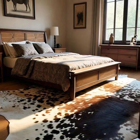 Cowhide rugs can add a rustic charm to a bedroom. Consider placing one beside the bed to create a cozy feel or in the center of the room as a statement piece. Pair it with neutral or earthy tones for a harmonious look, and complement it with natural materials like wood or rattan for a cohesive style. Additionally, consider the size of the rug in proportion to the room and furniture to ensure a balanced layout. #cowhiderug #cowprint #arearug #interiordesign #diyrug #cowhide #cow #braziliancow... Cowhide Rug Under Bed, Cow Hide Rug Bedroom, Cow Rug Bedroom, Hide Rug Living Room, Ranch Style Bedroom, Cowhide Rug Bedroom, Cowhide Bedroom, Cowhide Rug Living Room, Rug Under Bed