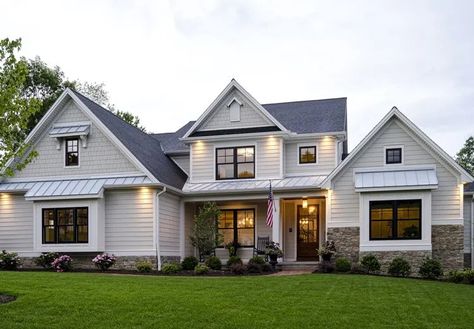 How to create siding and brick combinations | James Hardie Siding And Brick Combinations, Hardie Shingle Siding, Fiber Cement Lap Siding, Black Windows Exterior, Siding Styles, Siding Trim, Hardie Siding, Fiber Cement Siding, Cement Siding