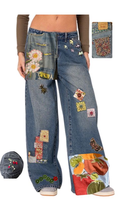 Patchwork Corduroy Pants, Witchy Jeans Outfit, Patched Jeans Diy Ideas, Embroidery Pants Ideas, Thrift Flip Pants, Upcycled Fashion Diy Inspiration, Concert Pants, Witchy Fits, Thrift Flip Clothes Ideas