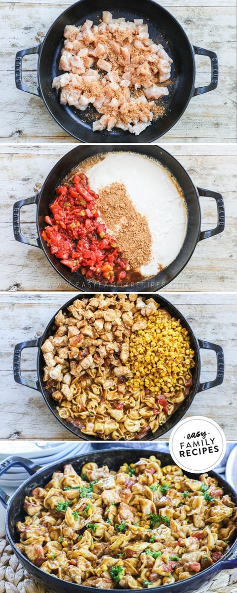 Chicken Taco Tortellini Skillet Taco Tortellini, Tortellini Skillet, Easy Skillet Dinner, Charred Corn, Easy Pasta Dinner, Chicken Tortellini, Filling Dinner, Green Chiles, Chicken Taco