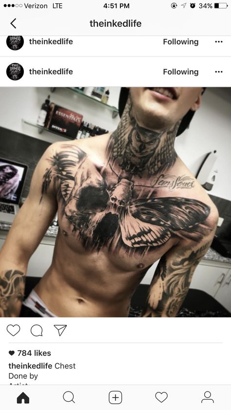 Moth Chest Tattoo, Acab Tattoo, Full Chest Tattoos, Best Neck Tattoos, Saved Tattoo, Tattoo Inspiration Men, Scary Tattoos, Cool Chest Tattoos, Neck Tattoo For Guys