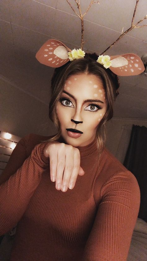 Halloween deer makeup  #deermakeup #halloweendeer How To Make Deer Antlers For A Costume, Last Minute Deer Costume, Women’s Deer Makeup, Cute Deer Costumes For Women, Deer Face Paint Halloween, Womens Deer Costume Diy, Fawn Makeup Halloween, Deer Facepainting, Deer Costume Women Makeup