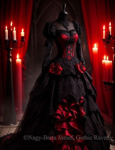 Black And Red Fantasy Dress Queens, Vampire Masquerade Dress, Gothic Ball Dress, Black And Red Masquerade Dress, Red And Black Goth Prom Dress, Dark Wedding Dress Victorian, Red And Black Prom Dress Long Sleeve, Red And Black Dress Wedding, Red Goth Wedding Dress