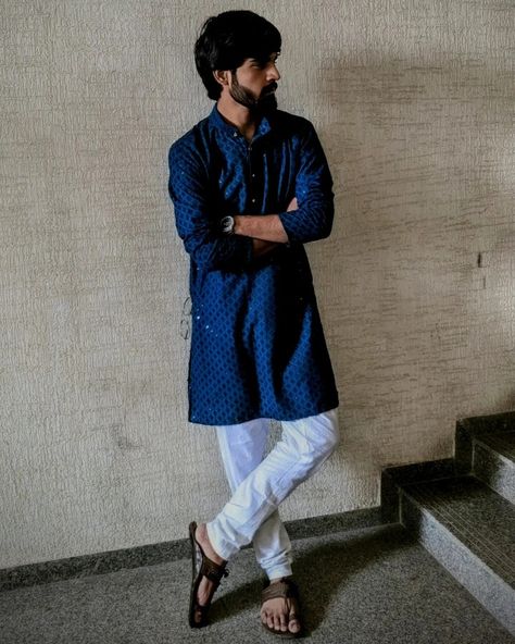 Men navy Blue kurta with white pajama, paired up with kolhapuri chappals and metalic wrist watch. And long hair and beard make it more manly style. .#tredtional #diwalioutfit #menkurta #longhairmen #kolhapurichappal Blue Kurta Men, Kurta Outfit, Long Hair And Beard, Kolhapuri Chappals, Navy Blue Kurta, Wedding Kurta, Wedding Kurta For Men, Manly Style, Diwali Outfits