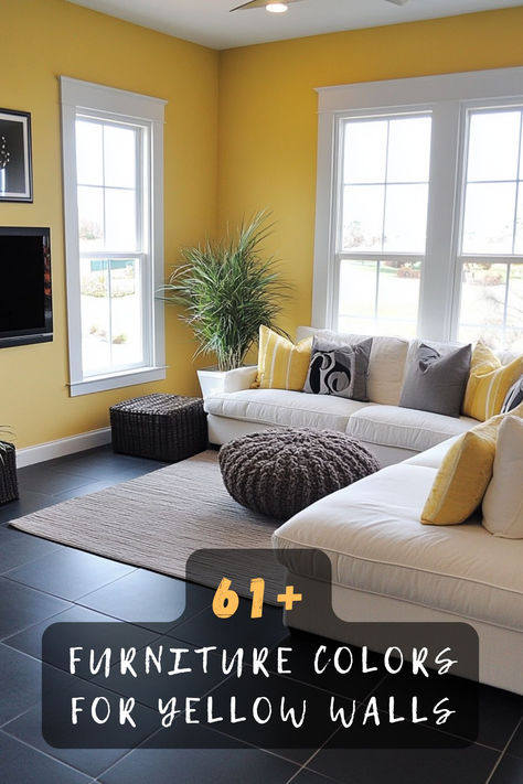 Looking for the perfect furniture colors to pair with yellow walls? These 61 ideas will help you create a cohesive and stylish space. From crisp whites to rich jewel tones, you'll find the ideal color combinations to complement your yellow walls. Click now to explore all the best options! 💛✨ #YellowWalls #FurnitureColors #HomeDecor #InteriorDesign #RoomInspo #ColorInspiration #StylishLiving Yellow Room Color, Colors To Pair With Yellow, Room Color Palette, Preppy Yellow, Furniture Colors, Yellow Room, Yellow Walls, Color Pairing, Colorful Furniture