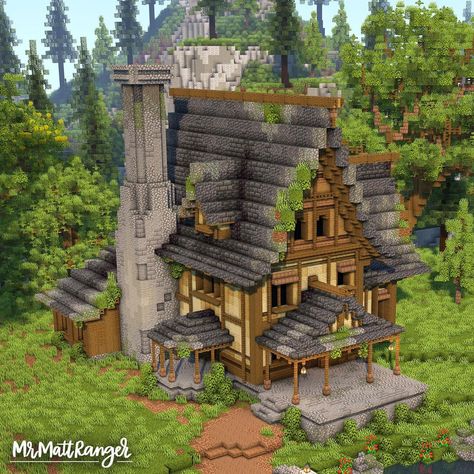 Interesting Minecraft Houses, Cool Medieval Minecraft Builds, House Build Ideas Minecraft, Medieval Mc House, Minecraft Medieval Greenhouse, Minecraft Curved Wall, Minecraft Hermit House, Mideaval Minecraft House, Minecraft Archery House