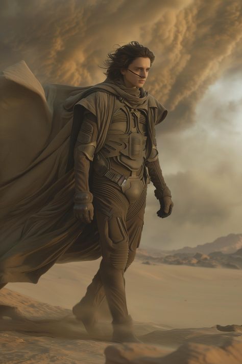 scene dune movie. Vast desert, Paul with ornithopter on the grounfd His cape is flitting on the side because of the wind. huge sandstorm on backround approaching to them --v 6   --style raw Cape In Wind, Dune Scenes, Goddess Branding, Dune Photoshoot, Dune Aesthetic, Desert Goddess, Dune Movie, Character Designing, Branding Mood Board