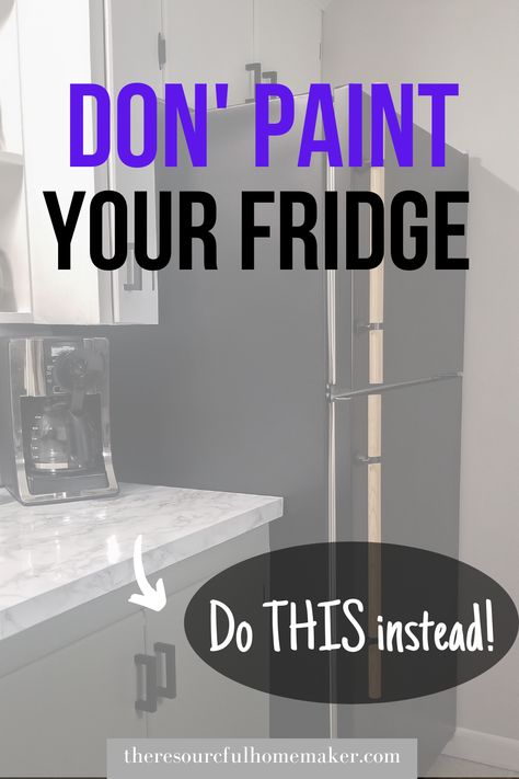 Looking to update your fridge? Everyone's go-to idea is to paint it, but this easy DIY is so much easier, inexpensive and looks so good! Check out how to do it! Painting Your Fridge, Contact Paper On Fridge Diy, Dorm Fridge Makeover, Painted Fridge Ideas, Fridge Update Diy, Redo Fridge Ideas, Painting A Fridge Diy, Painting Stainless Steel Fridge, How To Cover Dents On Fridge