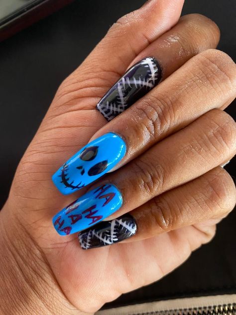 Black And Blue Halloween Nails, Blue Halloween Nails Short, Blue And Black Nails Designs Simple, Blue Nails Halloween, Dark Blue Halloween Nails, Halloween Nails For Men, Halloween Nails Blue, Blue Halloween Nails, Blue And Black Nails