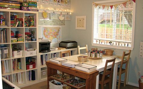 love the white lights, the ABC cards, the art clips, the timeline, the bunting, the tables, basically...I just love this little room! Homeschool Room Design, Homeschool Room Organization, Homeschool Room, Homeschool Classroom, School Room, Homeschool Organization, Table Shelves, Craft Room Storage, Craft Room Organization