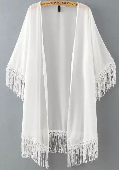 White Half Sleeve Tassel Chiffon Kimono 16.00 Kimono Outfit, Mode Kimono, White Kimono, Chiffon Kimono, Trendy Dress Outfits, Couture Mode, Stylish Dresses For Girls, Fashion Attire, Designs For Dresses