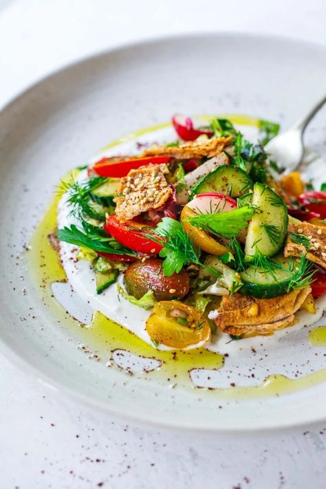 Fattoush Dressing, Sumac Dressing, Gluten Free Pita, Chopped Vegetables, Fattoush Salad, Creamy Yogurt, Seasoned Veggies, Grilled Tofu, Red Onion Salad