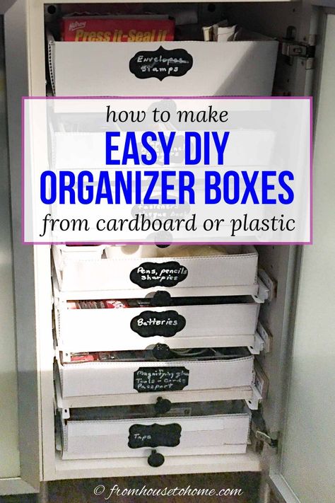 Make Storage Boxes, Small Plastic Containers, Cardboard Storage, Sewing Room Storage, Diy Organizer, Diy Storage Boxes, Chalkboard Labels, Office Supply Organization, Corrugated Plastic