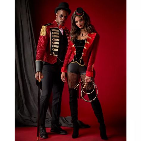 Lion Tamer Couples Costume, Circus Theme Gala Outfit, Ring Master Costume Couples, Strong Man Circus Costume, Creepy Ringmaster Costume, Circus Ring Leader Costume, Animal Tamer Costume, Ringmaster Couple Costume, Halloween Circus Theme Costume Ideas