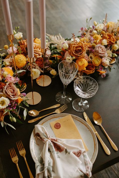 Mustard & Mauve Reception Table | London Ontario Gold Cutlery Table Setting, Mauve Wedding Decor, Mustard Wedding Colors, Mustard Yellow Wedding, Mauve Wedding Colors, Yellow Wedding Decorations, Gold Taper Candles, Mustard Wedding, Decoration Engagement