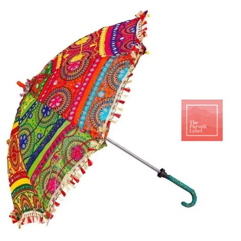 Colourful Rajasthani Umbrella / Parasol  International shipping - DM for price  Multicolor hand work, embroidery decorative sun umbrella. It is made of cotton and decorated with thread embroidery , bead work , patchwork. They are very unique . It has a handle which is covered by cotton fabric . You can carry them in a sunny day . This foldable vintage Umbrella is fabulous in look and you will never get un-noticed .   It contains J shape curved plastic handle, which is covered by cotton fabric. Rajasthani Umbrella, Rajasthani Embroidery, Umbrella For Wedding, Embroidery Umbrella, Umbrella Party, Decorative Umbrella, Unique Umbrella, Umbrella Fashion, Wedding Umbrellas